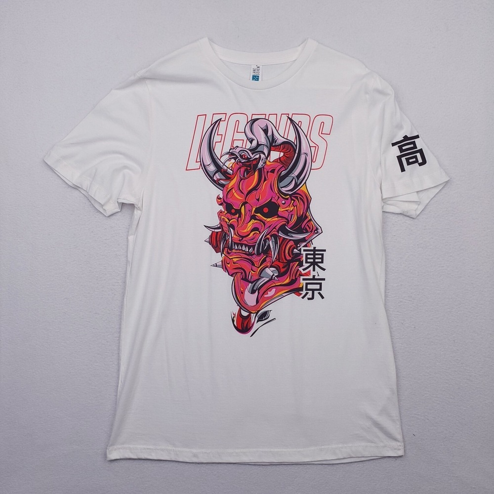 Legends Shirt Mens Large White Red Oni Demon Devil Mask Japanese Samurai Death